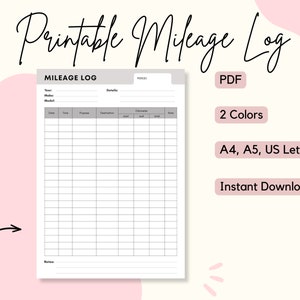 Mileage Log Mileage Tracker for Tax Purposes Printable Business Planner ...