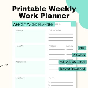 Weekly Work Planner| Weekly Planner| Work Organizer| Work calendar| Printable planner