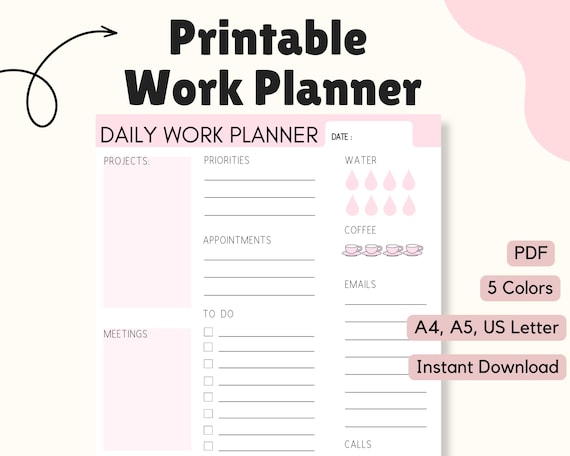 Daily Work Planner| Daily Agenda| Work Organizer| Job Planner | Printable work planner