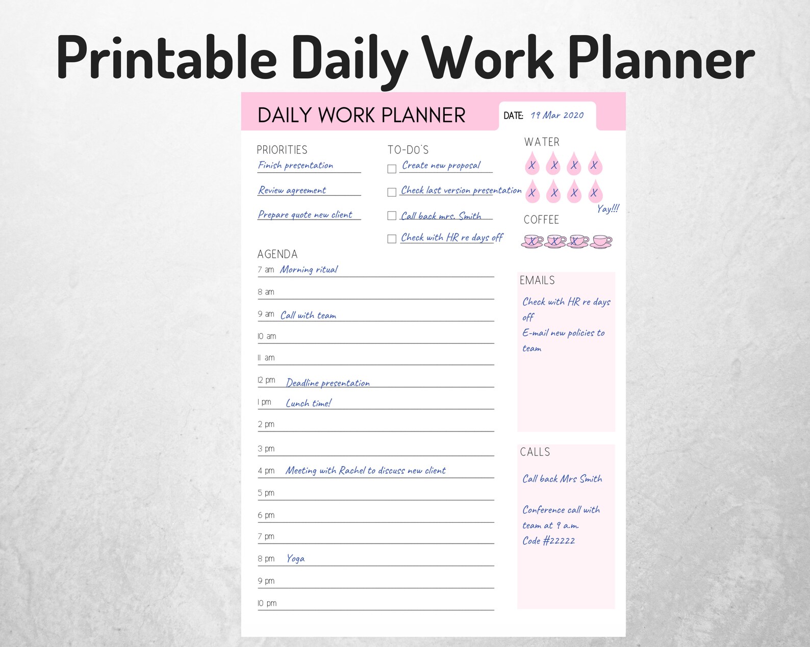Daily Work Agenda Printable Daily Work Planner Work Organizer - Etsy