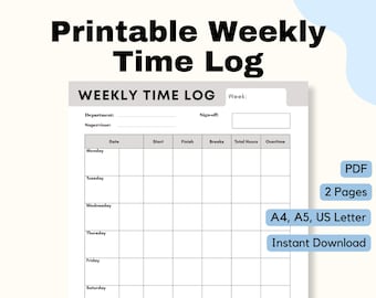 Weekly Time Log| Printable Time Sheets for employees | Work hours | easy hourly trackers