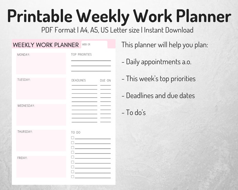 Work Week Organizer Printable Planner Etsy Work Week Organizer Printable Planner Etsy