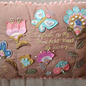 Free Shipping Vintage Embroidered Throw Pillow Sunshine On My Shoulders Makes Me Happy Handmade Pom Trim Flowers Daisies Butterfly Decor