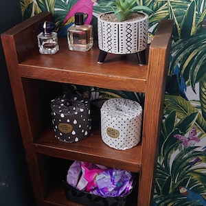 May include: A dark brown wooden shelf unit with various items. Includes a small potted plant, perfume bottles, and rolls of toilet paper. The toilet paper rolls are wrapped in patterned paper. The bottom shelves hold baskets of feminine hygiene products.