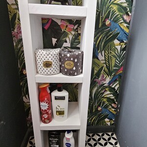May include: A white wooden shelf unit with four shelves, holding various bathroom products. The top shelf has a small potted plant. The second shelf has two rolls of toilet paper. The third shelf has a red spray bottle and a white shampoo bottle. The bottom shelf has two bottles.
