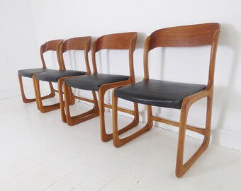 Vintage Set Of 4 French Teak Traineau Dining Chairs By Emile & Walter Baumann For Baumann France