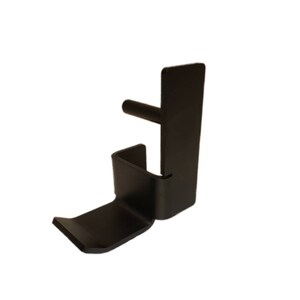 May include: Black metal weightlifting attachment with a hook and a pin. The attachment is designed to be mounted on a weight rack.