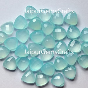 Aqua Blue Chalcedony, Side Drilled, Faceted, Trillion Shape Briolette, Size 8mm