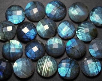 6 Pieces, Labradorite Blue And Green Blue Flashy, Full Drilled, Both Side Faceted Coin Shape Briolette , Size 14mm