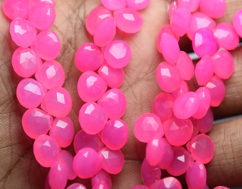 Size 8mm Faceted Heart Shape 6 Inch Strand Side Drilled Hot Pink Chalcedony