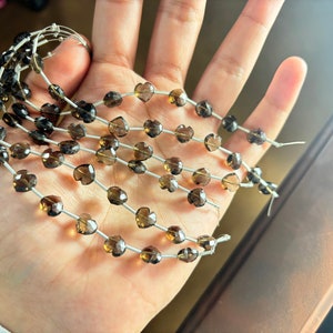 5 Match Pair, Natural Smoky Quartz, Side To Side Full Drilled, Faceted, Heart Shape Briolette, Size 8x8mm