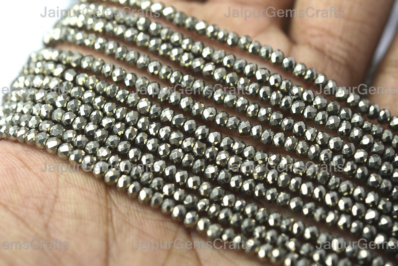 Center Drilled Faceted Rondelles Natural Golden Pyrite Size 3 mm 13 Inches Strand