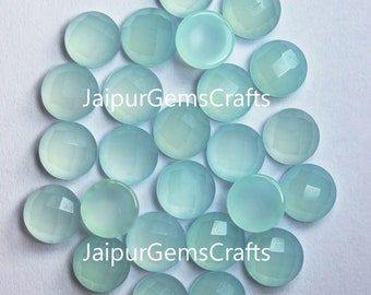 5 Match Pair, Aqua Blue Chalcedony, Round Shape Flat Back Cabochon, Faceted On Top, Size 10mm