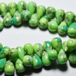 10 Pieces, Green Copper Turquoise Side Drilled Smooth Drops, Size 7x10 MM