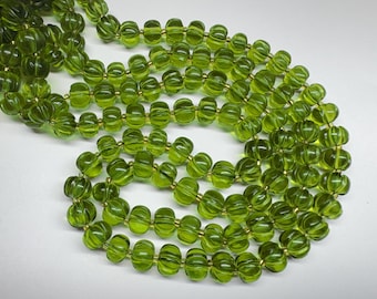 Peridot Green Quartz Melon Carved Beads, 8mm, 16" Strand