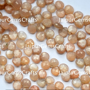 Hebra de 7 pulgadas, piedra lunar de melocotón natural, perforada lateralmente, facetada, briolette en forma de corazón, tamaño 6 mm