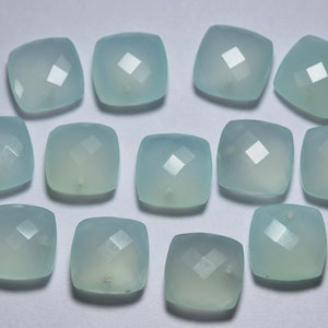 3 Match Pair, Aqua Blue Chalcedony, Front Drilled, Faceted Cushion Shape, Size 14x14mm