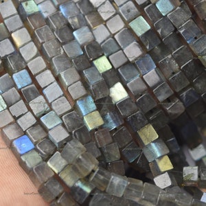 8 Inches Strand, Natural Labradorite, Center Drilled, Smooth Polished Cube/Box, Size 5mm