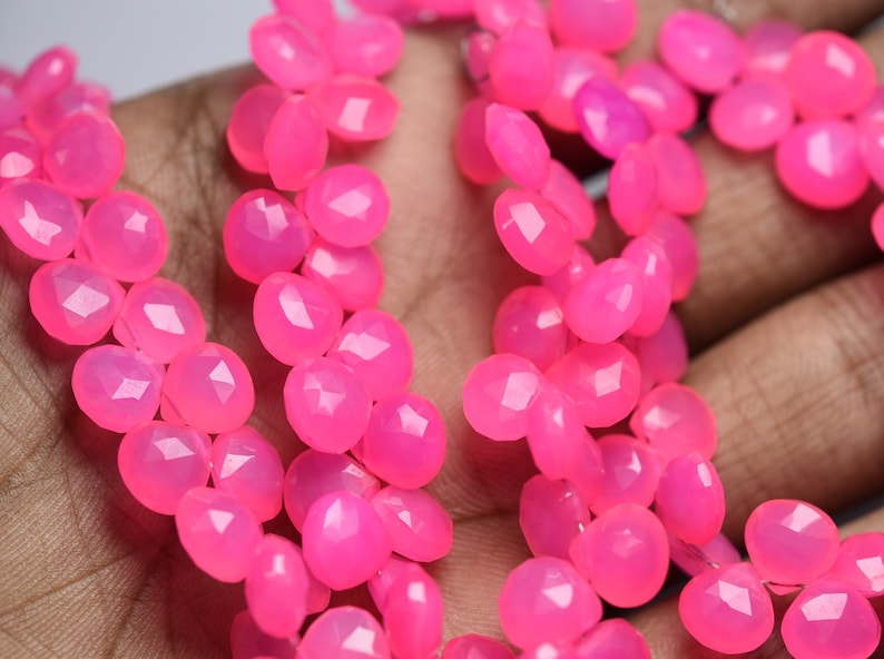 Size 8mm Faceted Heart Shape 6 Inch Strand Side Drilled Hot Pink Chalcedony