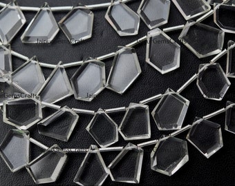 10 Beads, Natural Clear Crystal, Side Drilled, Faceted Fancy Slice Shape Beads, Size 16mm To 14mm