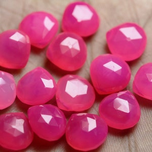 3 Match Pair, Hot Pink Chalcedony, Side Drilled, Heart Shape Briolette, Size 11mm