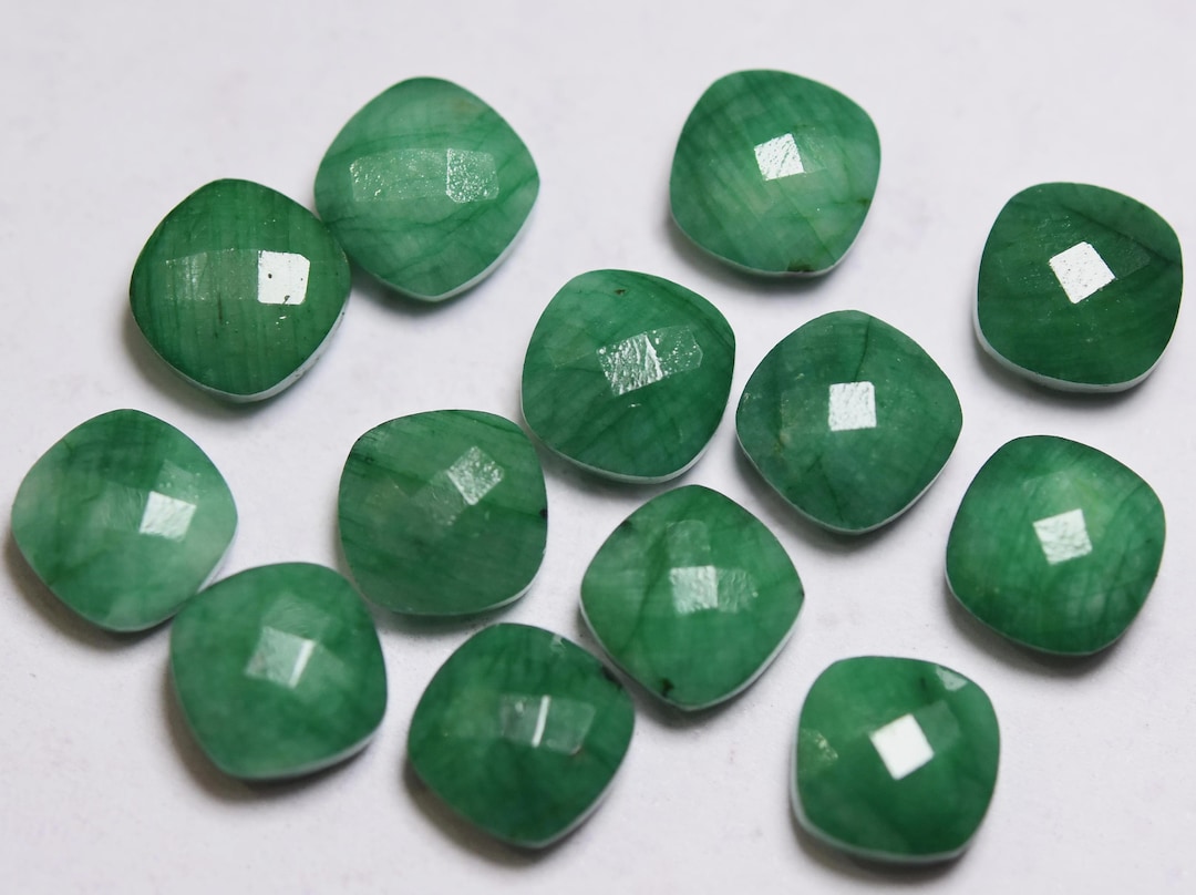 3 Match Pair, Dyed Green Ruby, Undrilled Faceted Cushion Shape ...
