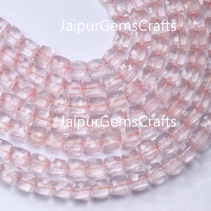 8 Inches Strand, Natural Rose Quartz, Center Drilled Faceted Cubes / Box Shape Beads, Size 6mm To 5.5mm
