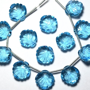 5 Match Pair, Swiss Blue Hydro Quartz Side Drilled Faceted Carved Cushion, Size 12 mm
