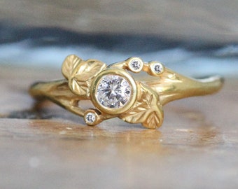 Nature Inspired Engagement Ring, 18ct Yellow Gold Leaf Diamond Ring, Vine Leaf Ring, Unique Handmade