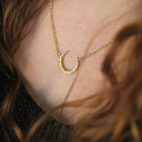 Gold Crescent Moon Necklace Hammered 