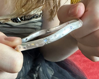 Moonstone Solid Silver Bangle,  Handmade Engraved Star Stacking Bangle Bracelet