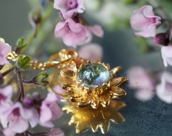 9ct Yellow Gold Sunflower Necklace With Blue Topaz, Sunflower Jewellery, Solid Gold Flower Pendant