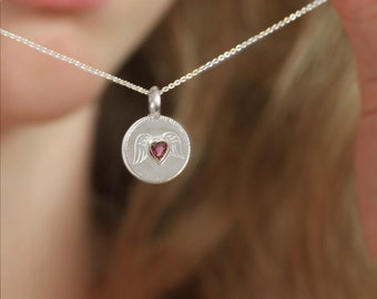 Guardian Angel Necklace Silver With Ruby Heart