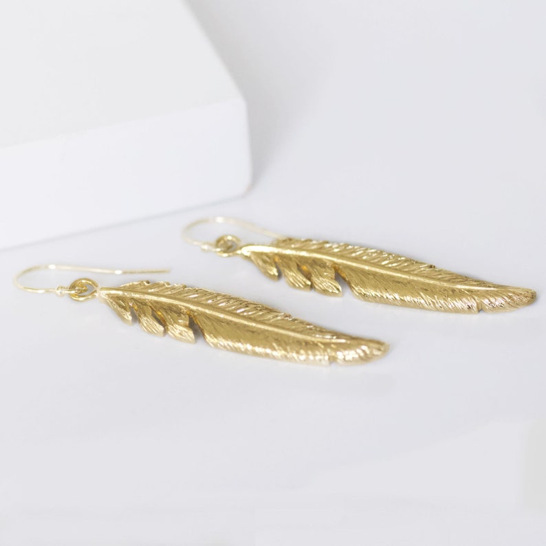 Gold Feather Earrings Feather jewellery Gold Drop Earrings Gift for her Boho earrings Gold Boho Earrings