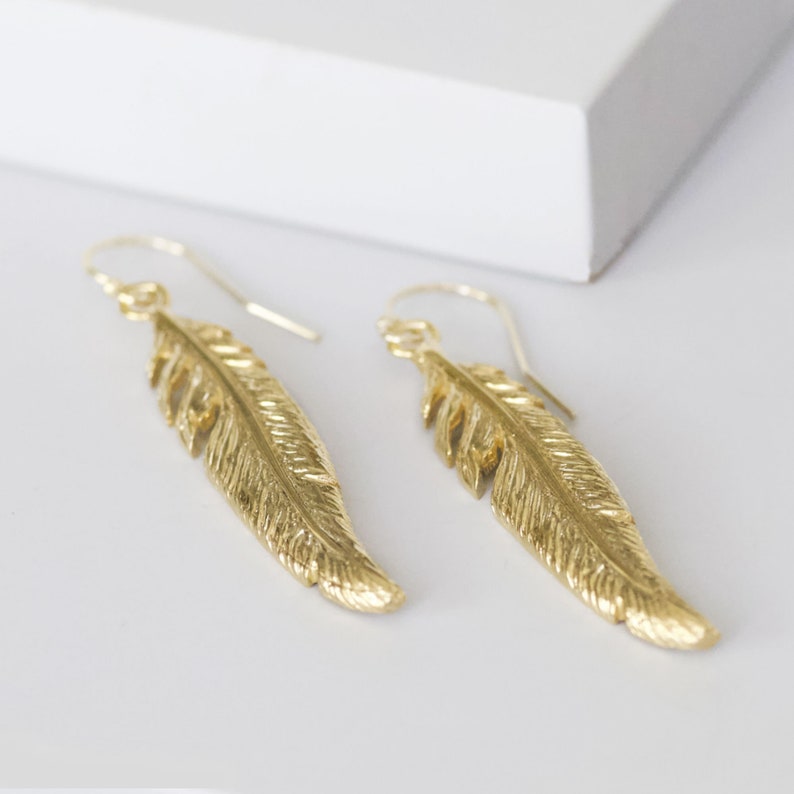 Gold Feather Earrings Feather jewellery Gold Drop Earrings Gift for her Boho earrings Gold Boho Earrings