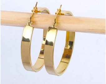 Pendientes de aro redondos de 40 mm de ancho, anillos de acero inoxidable hipoalergénicos bañados en oro fino