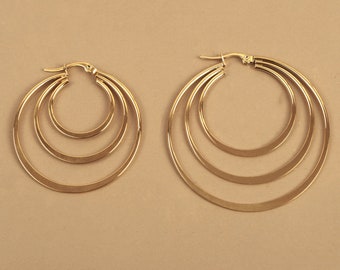 Triple row round hoop earrings 40 mm, 50 mm in hypoallergenic stainless steel gilded with fine gold