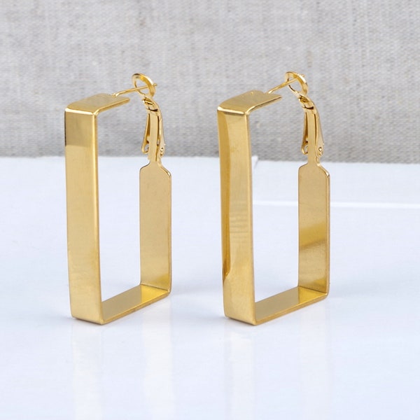 Boucles d'oreilles créoles rectangulaires larges 40 mm, en acier inoxydable hypoallergénique, doré à l'or fin