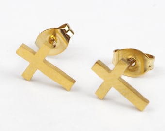 Boucles d'oreilles puces croix 10 x 7 mm en acier inoxydable hypoallergénique dorées à l'or fin