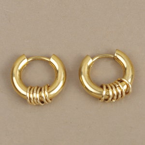 Pair of mini hoop huggie rings with small rings 14 mm, 16 mm, 18 mm, 20 mm in hypoallergenic stainless steel gilded with fine gold image 2
