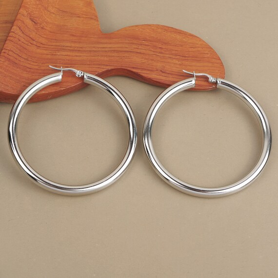 Thick Round Hoop Earrings 60mm Thickness 5mm Silver Hypoallergenic