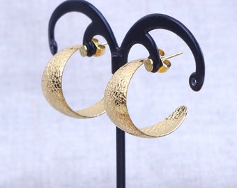 Boucles d'oreilles demi créoles rondes martelées 20 mm, anneaux en acier inoxydable doré à l'or fin hypoallergénique