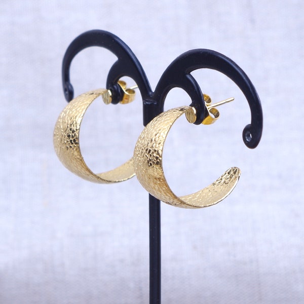 Boucles d'oreilles demi créoles rondes martelées 20 mm, anneaux en acier inoxydable doré à l'or fin hypoallergénique