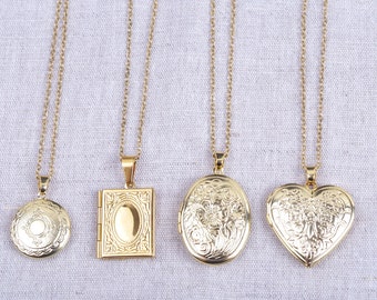 Photo holder medallion necklace, in gold-plated stainless steel, several chains to choose from,