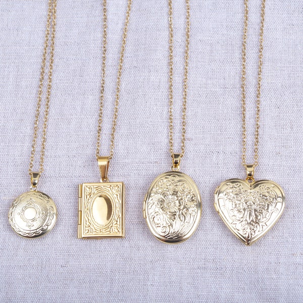 Photo holder medallion necklace, in gold-plated stainless steel, several chains to choose from,