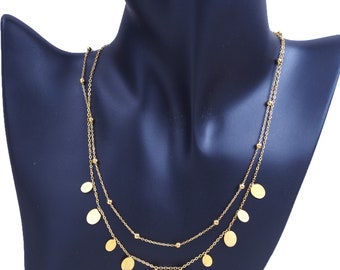 Collier double chaine fine motifs ovales et petites peles en acier inoxydable doré à l'or, collier femme