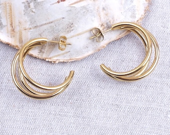 Half triple hoop earrings, hypoallergenic fine gold-plated stainless steel rings