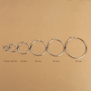 Pair of hoop earrings 13 mm, 20 mm, 30 mm, 40 mm, 45 mm, 55 mm silver in hypoallergenic stainless steel