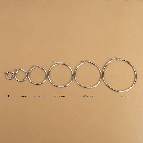 Pair of hoop earrings 13 mm, 20 mm, 30 mm, 40 mm, 45 mm, 55 mm silver in hypoallergenic stainless steel