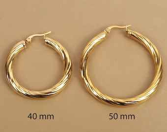 Boucles d'oreilles créoles épaisses striées 40 mm, 50 mm, anneaux en acier inoxydable hypoallergénique dorées à l'or fin